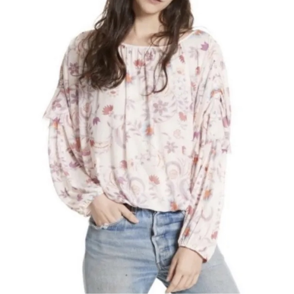 Free People Wildflower Honey Floral Top Sz XS Ruffle Sleeve Bubble Hem Blouse